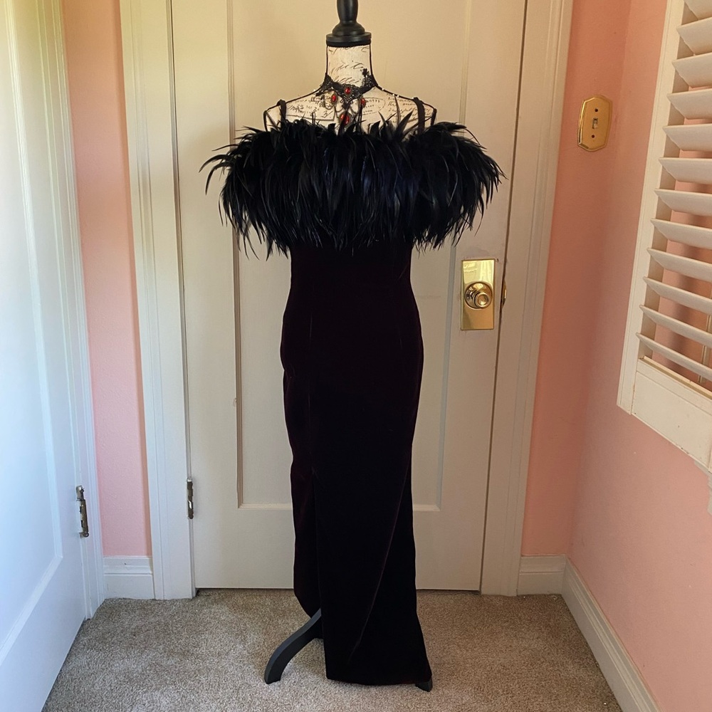 Vintage Velvet Gothic Gown with Feather Neckline - Picture 6 of 13